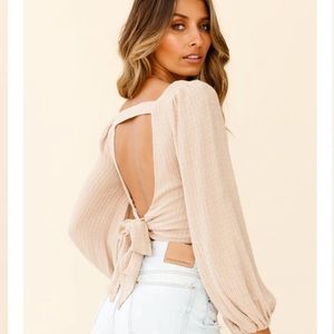 Selfie Leslie Beige Long Sleeve Crop Top, Tie Back M